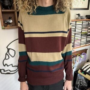 Vintage 90s Wrangler Earthy Striped Crewneck Knit Sweater ~ Size Large